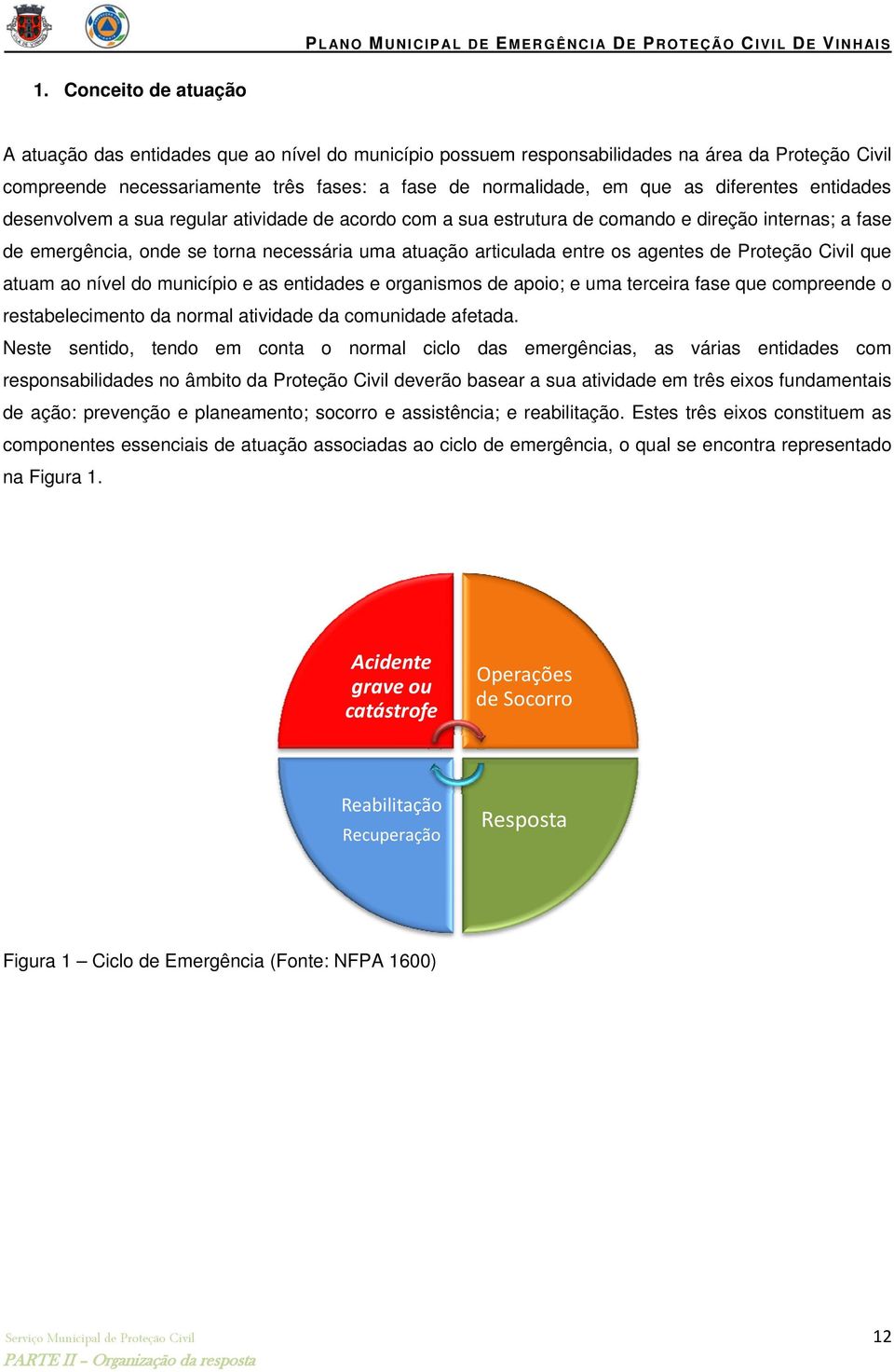 agentes de Proteção Civil que atuam ao nível do município e as entidades e organismos de apoio; e uma terceira fase que compreende o restabelecimento da normal atividade da comunidade afetada.