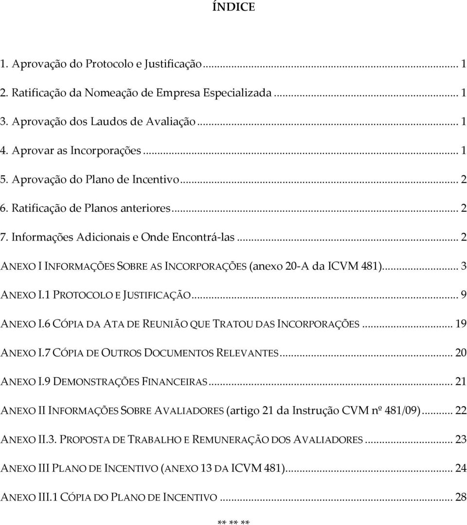 .. 3 ANEXO I.1 PROTOCOLO E JUSTIFICAÇÃO... 9 ANEXO I.6 CÓPIA DA ATA DE REUNIÃO QUE TRATOU DAS INCORPORAÇÕES... 19 ANEXO I.7 CÓPIA DE OUTROS DOCUMENTOS RELEVANTES... 20 ANEXO I.