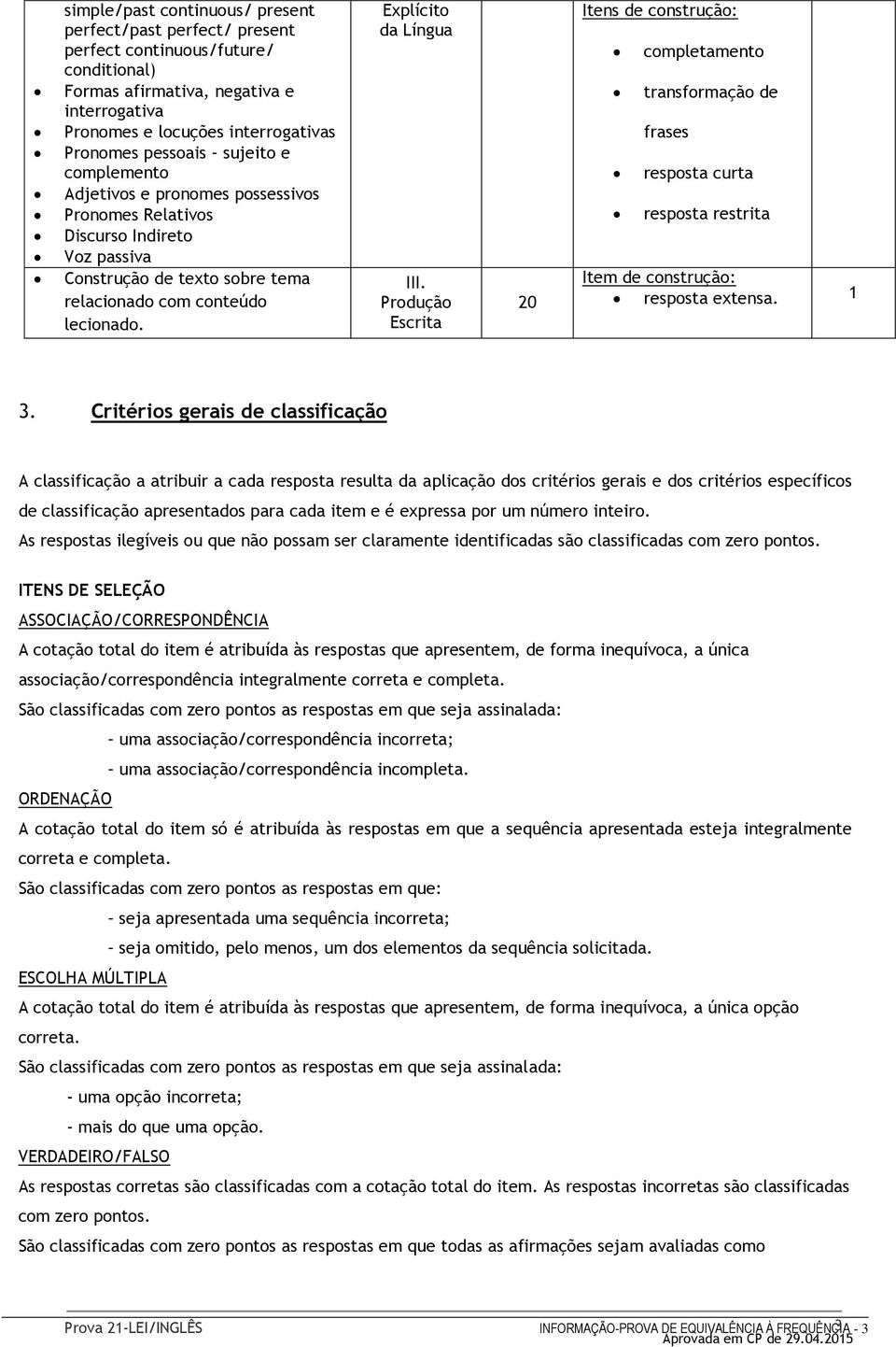 Produção Escrita 20 Itens de construção: completamento transformação de frases resposta curta resposta restrita Item de construção: resposta extensa. 1 3.