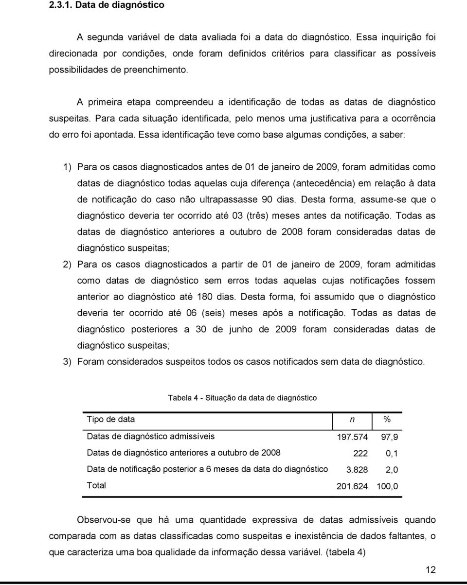 A primeira etapa compreendeu a identificação de todas as datas de diagnóstico suspeitas. Para cada situação identificada, pelo menos uma justificativa para a ocorrência do erro foi apontada.