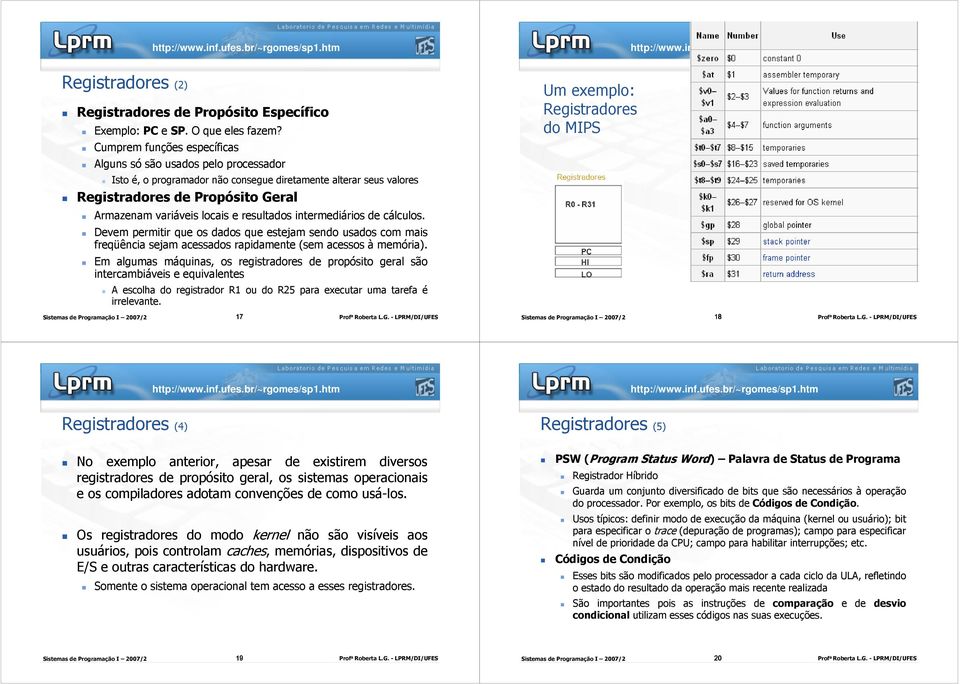 Geral Armazenam variáveis locais e resultados intermediários de cálculos. Devem permitir que os dados que estejam sendo usados com mais freqüência sejam acessados rapidamente (sem acessos à memória).