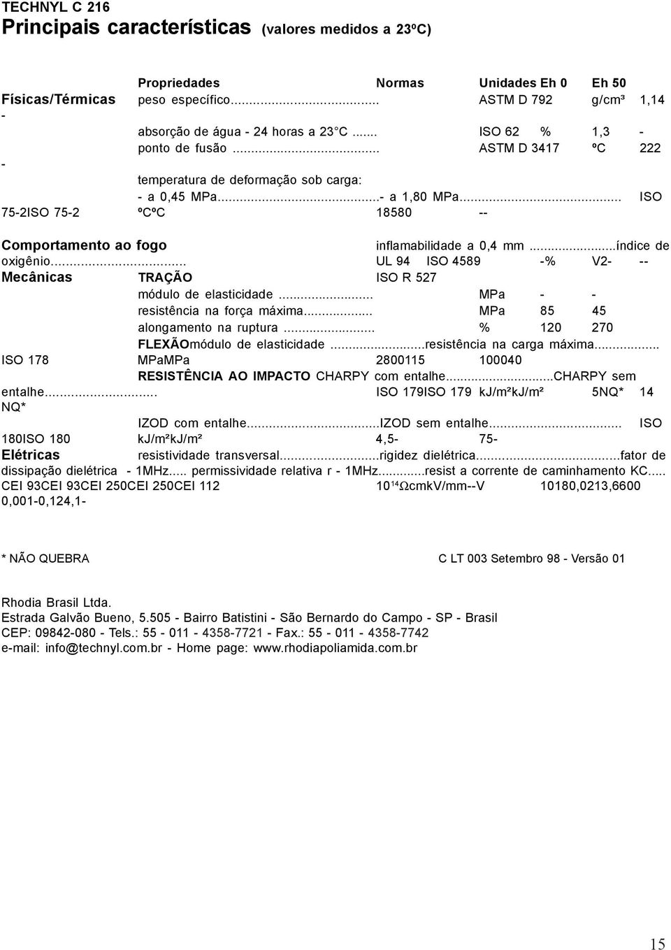 ..índice de oxigênio... UL 94 ISO 4589 % V2 Mecânicas TRAÇÃO ISO R 527 módulo de elasticidade... MPa resistência na força máxima... MPa 85 45 alongamento na ruptura.