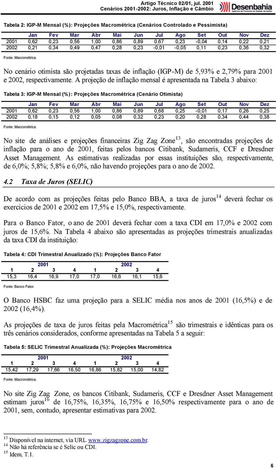 A projeção de inflação mensal é apresentada na Tabela 3 abaixo: Tabela 3: IGP-M Mensal (%): Projeções Macrométrica (Cenário Otimista) Jan Fev Mar Abr Mai Jun Jul Ago Set Out Nov Dez 2001 0,62 0,23