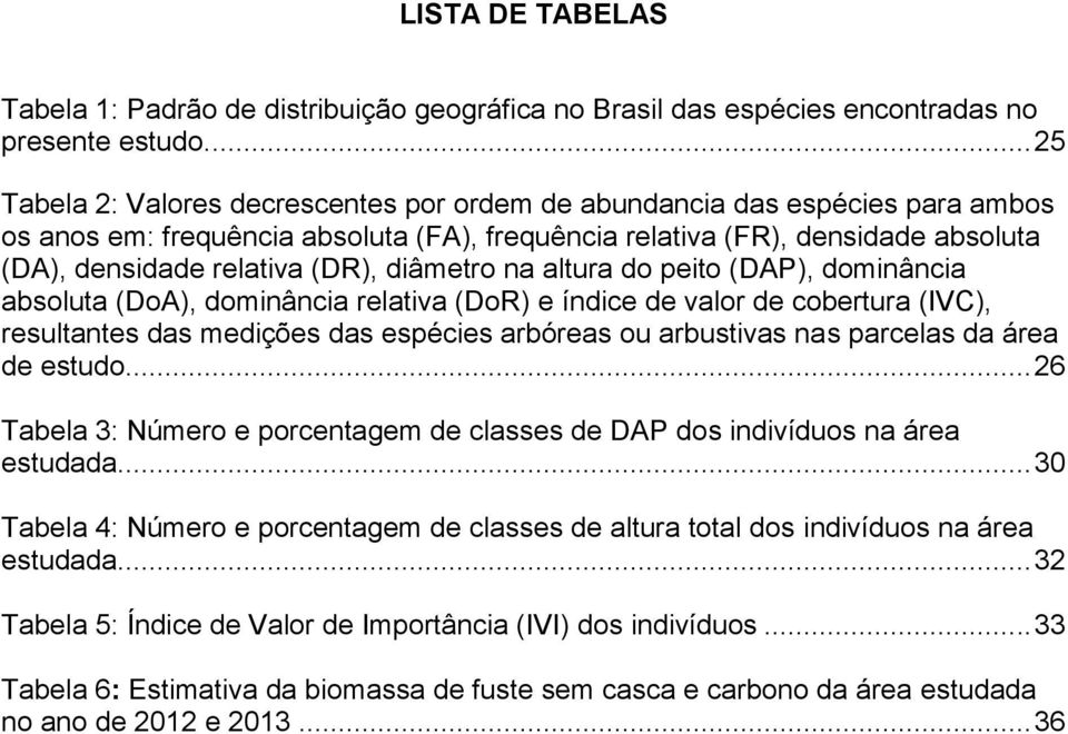 diâmetro na altura do peito (DAP), dominância absoluta (DoA), dominância relativa (DoR) e índice de valor de cobertura (IVC), resultantes das medições das espécies arbóreas ou arbustivas nas parcelas