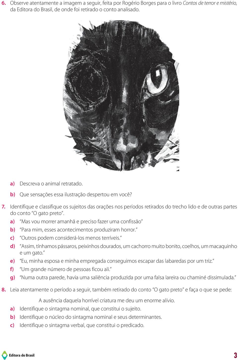 Identifique e classifique os sujeitos das orações nos períodos retirados do trecho lido e de outras partes do conto O gato preto.