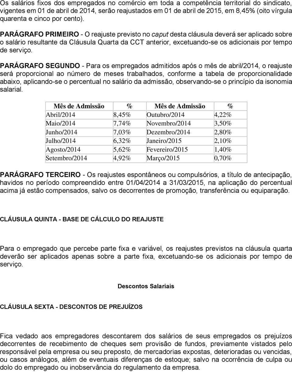 PARÁGRAFO PRIMEIRO - O reajuste previsto no caput desta cláusula deverá ser aplicado sobre o salário resultante da Cláusula Quarta da CCT anterior, excetuando-se os adicionais por tempo de serviço.