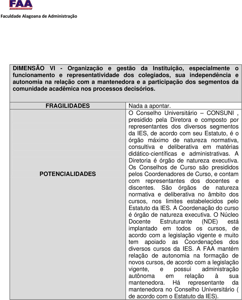 O Conselho Universitário CONSUNI, presidido pela Diretora e composto por representantes dos diversos segmentos da IES, de acordo com seu Estatuto, é o órgão máximo de natureza normativa, consultiva e