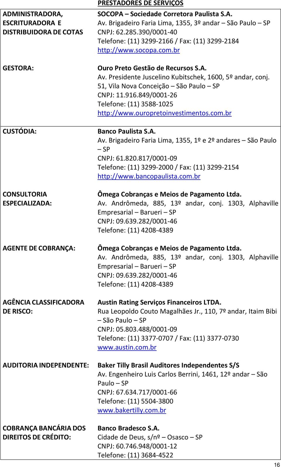 br Ouro Preto Gestão de Recursos S.A. Av. Presidente Juscelino Kubitschek, 1600, 5º andar, conj. 51, Vila Nova Conceição São Paulo SP CNPJ: 11.916.849/0001 26 Telefone: (11) 3588 1025 http://www.