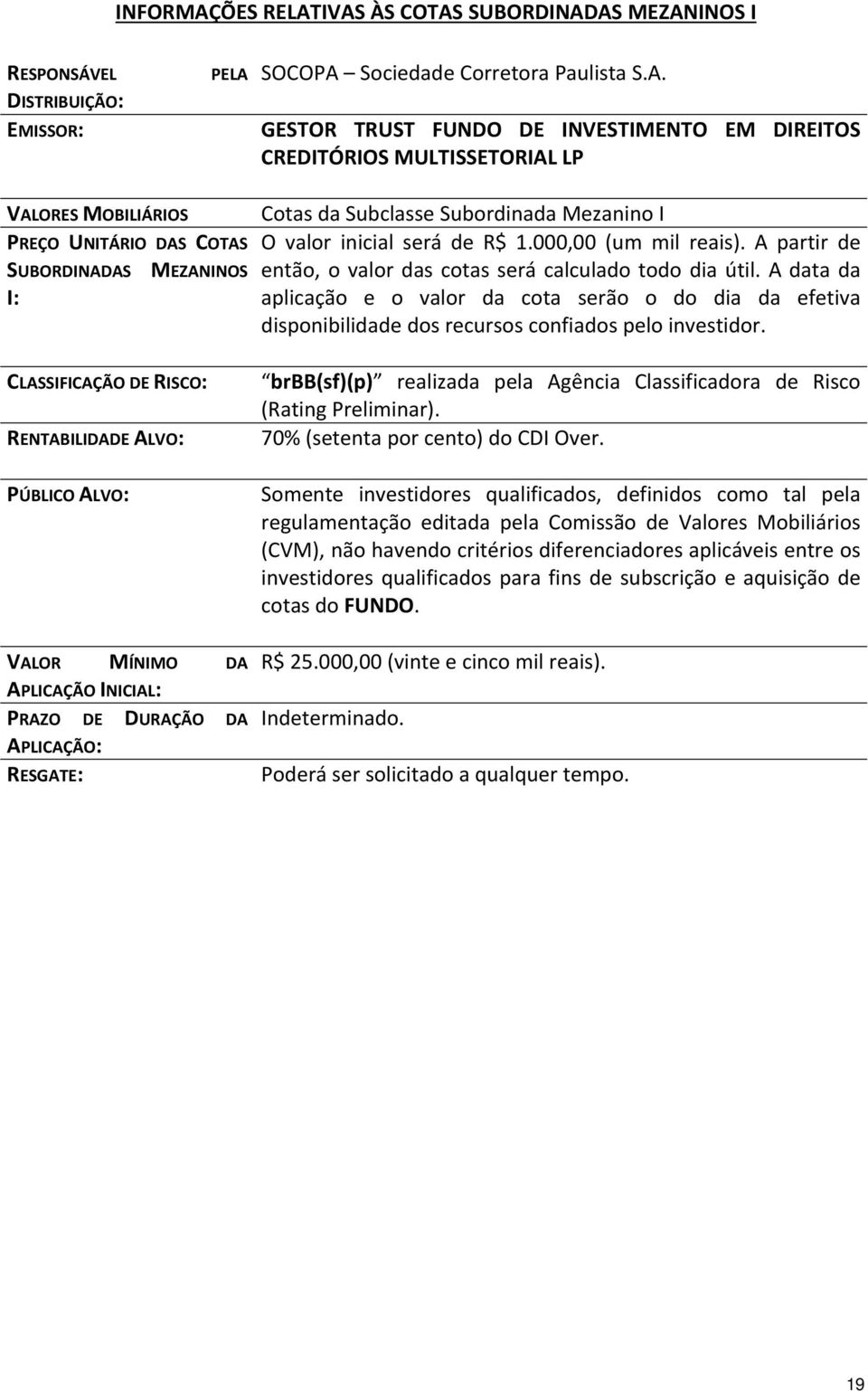 IVAS ÀS COTAS SUBORDINADAS MEZANINOS I RESPONSÁVEL DISTRIBUIÇÃO: EMISSOR: PELA SOCOPA Sociedade Corretora Paulista S.A. GESTOR TRUST FUNDO DE INVESTIMENTO EM DIREITOS CREDITÓRIOS MULTISSETORIAL LP