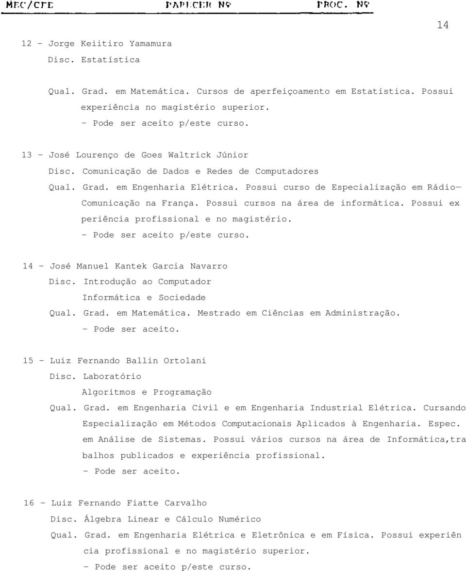 Possui cursos na área de informática. Possui ex periência profissional e no magistério. - Pode ser aceito p/este curso. 14 - José Manuel Kantek Garcia Navarro Disc.