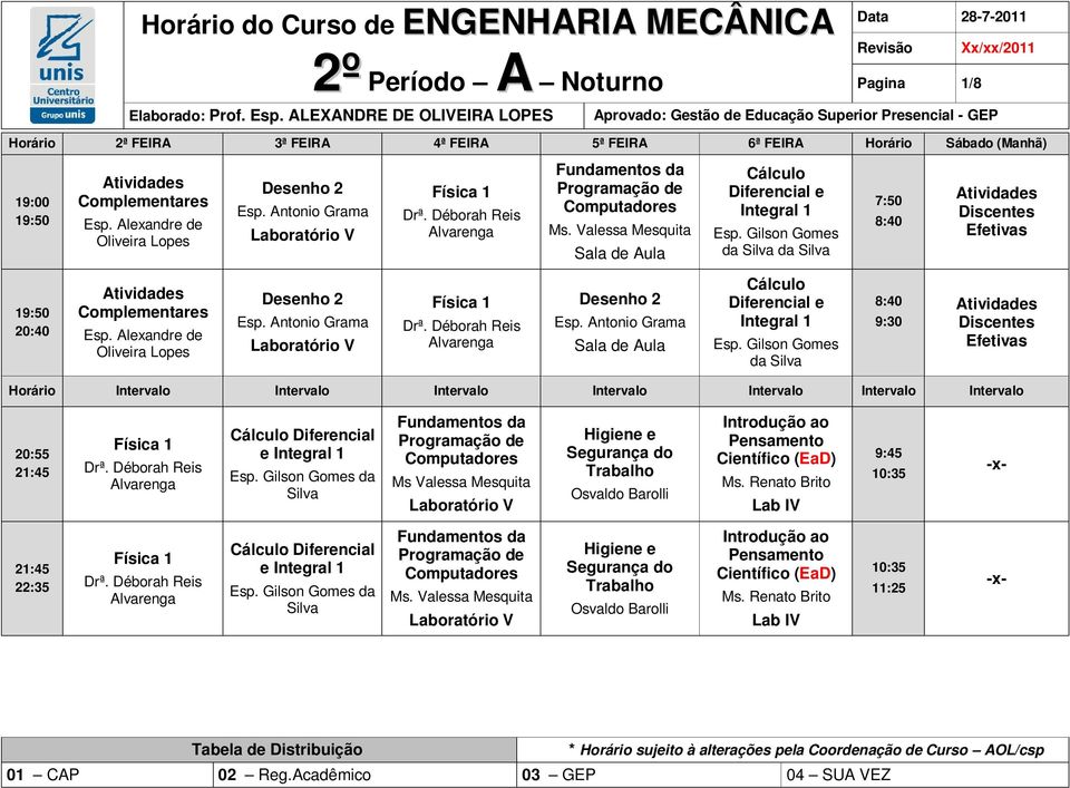 Gilson Gomes da Discentes Efetivas Horário 20:55 21:45 Diferencial e Integral 1 Esp.