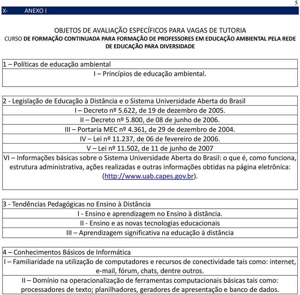 II Decreto nº 5.800, de 08 de junho de 2006. III Portaria MEC nº 4.361, de 29 de dezembro de 2004. IV Lei nº 11.237, de 06 de fevereiro de 2006. V Lei nº 11.