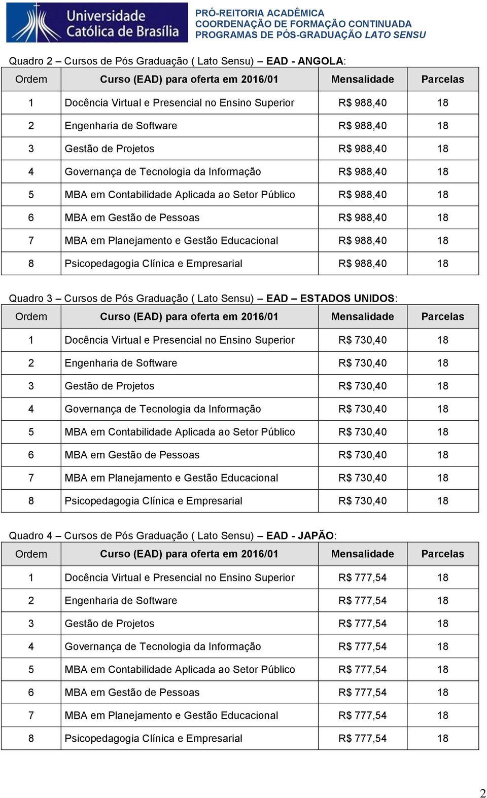 Pessoas R$ 988,40 18 7 MBA em Planejamento e Gestão Educacional R$ 988,40 18 8 Psicopedagogia Clínica e Empresarial R$ 988,40 18 Quadro 3 Cursos de Pós Graduação ( Lato Sensu) EAD ESTADOS UNIDOS: