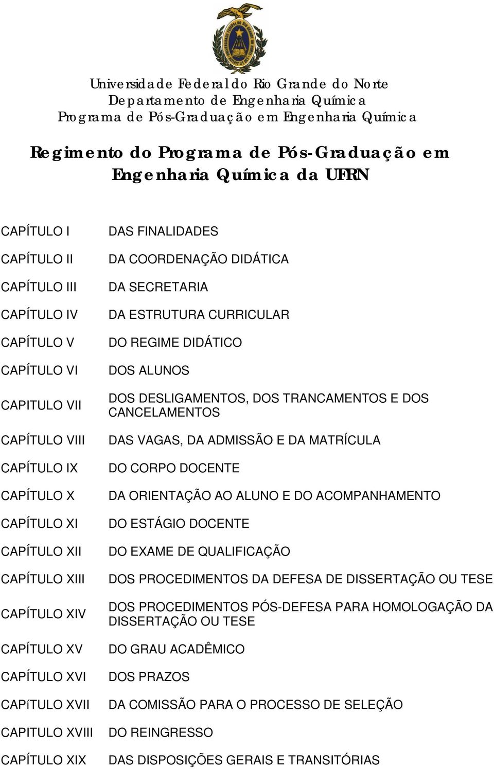 CAPíTULO XVII CAPITULO XVIII CAPÍTULO XIX DAS FINALIDADES DA COORDENAÇÃO DIDÁTICA DA SECRETARIA DA ESTRUTURA CURRICULAR DO REGIME DIDÁTICO DOS ALUNOS DOS DESLIGAMENTOS, DOS TRANCAMENTOS E DOS