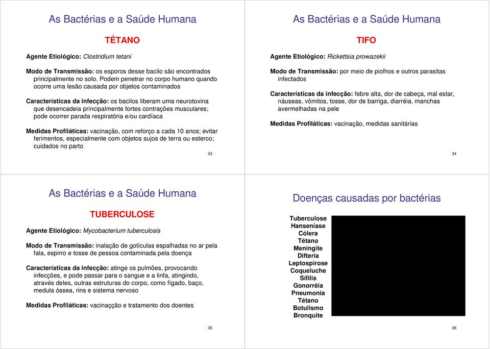 contrações musculares; pode ocorrer parada respiratória e/ou cardíaca Medidas Profiláticas: vacinação, com reforço a cada 10 anos; evitar ferimentos, especialmente com objetos sujos de terra ou