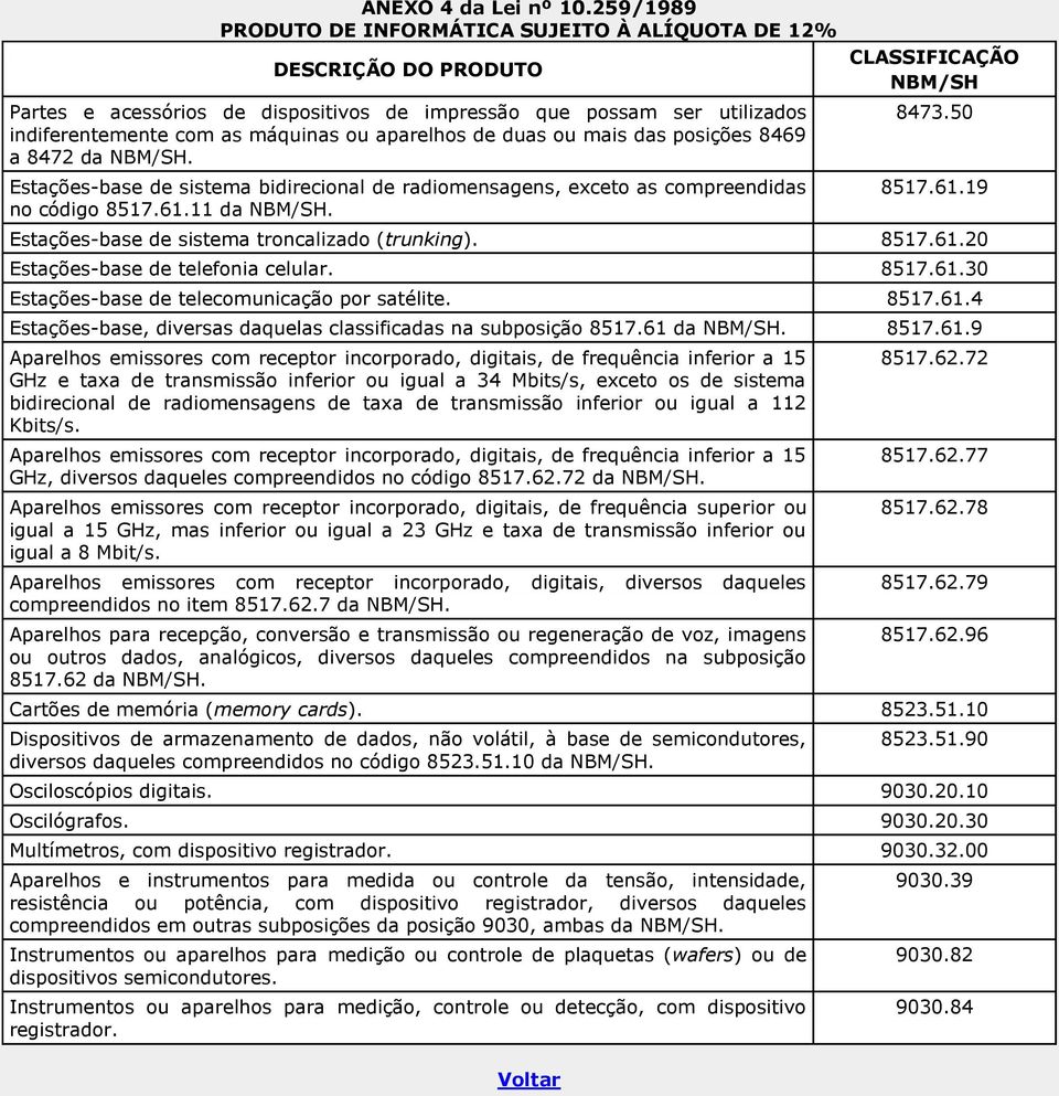 posições 8469 a 8472 da. Estações-base de sistema bidirecional de radiomensagens, exceto as compreendidas no código 8517.61.11 da. 8473.50 8517.61.19 Estações-base de sistema troncalizado (trunking).