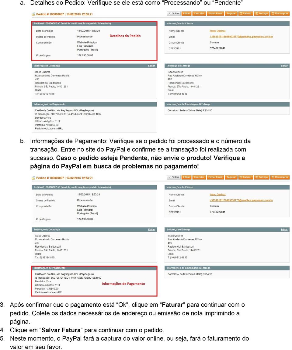 Verifique a página do PayPal em busca de problemas no pagamento! 3. Após confirmar que o pagamento está Ok, clique em Faturar para continuar com o pedido.