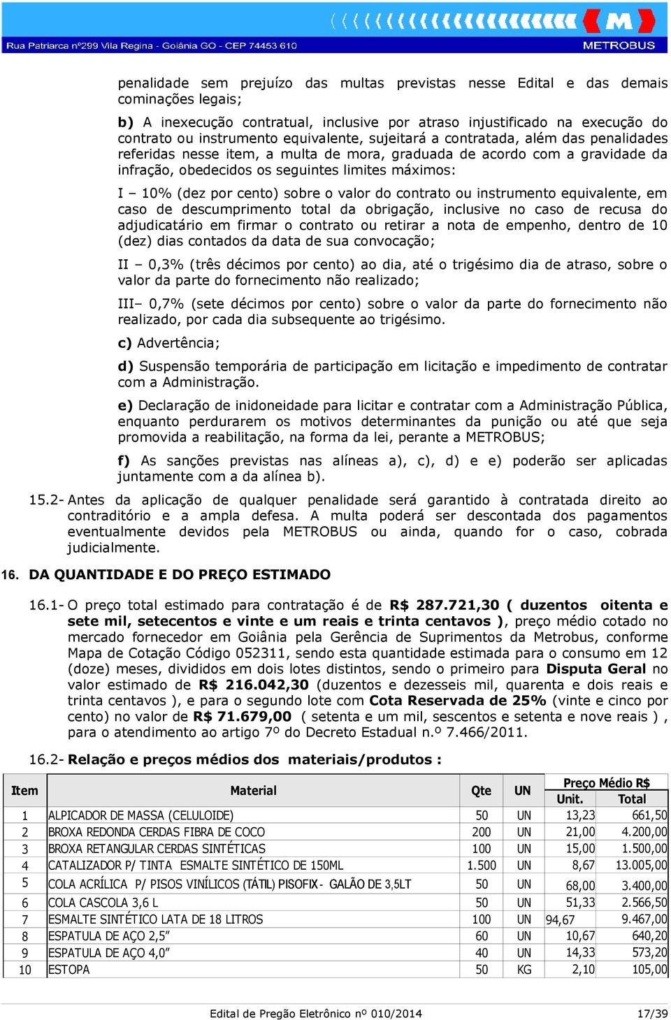 por cento) sobre o valor do contrato ou instrumento equivalente, em caso de descumprimento total da obrigação, inclusive no caso de recusa do adjudicatário em firmar o contrato ou retirar a nota de