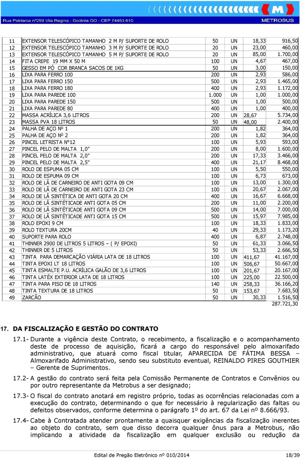 700,00 14 FITA CREPE 19 MM X 50 M 100 UN 4,67 467,00 15 GESSO EM PÓ COR BRANCA SACOS DE 1KG 50 UN 3,00 150,00 16 LIXA PARA FERRO 100 200 UN 2,93 586,00 17 LIXA PARA FERRO 150 500 UN 2,93 1.