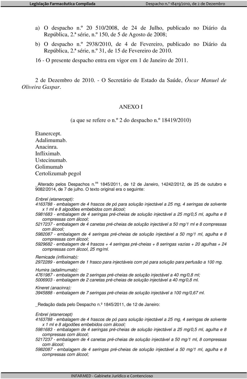 - O Secretário de Estado da Saúde, Óscar Manuel de Oliveira Gaspar. Etanercept. Adalimumab. Anacinra. Infliximab. Ustecinumab. Golimumab Certolizumab pegol ANEXO I (a que se refere o n.