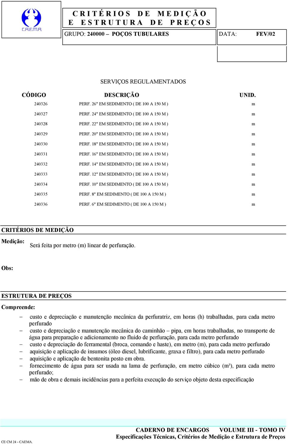 14" EM SEDIMENTO ( DE 100 A 150 M ) m 240333 PERF. 12" EM SEDIMENTO ( DE 100 A 150 M ) m 240334 PERF. 10" EM SEDIMENTO ( DE 100 A 150 M ) m 240335 PERF.