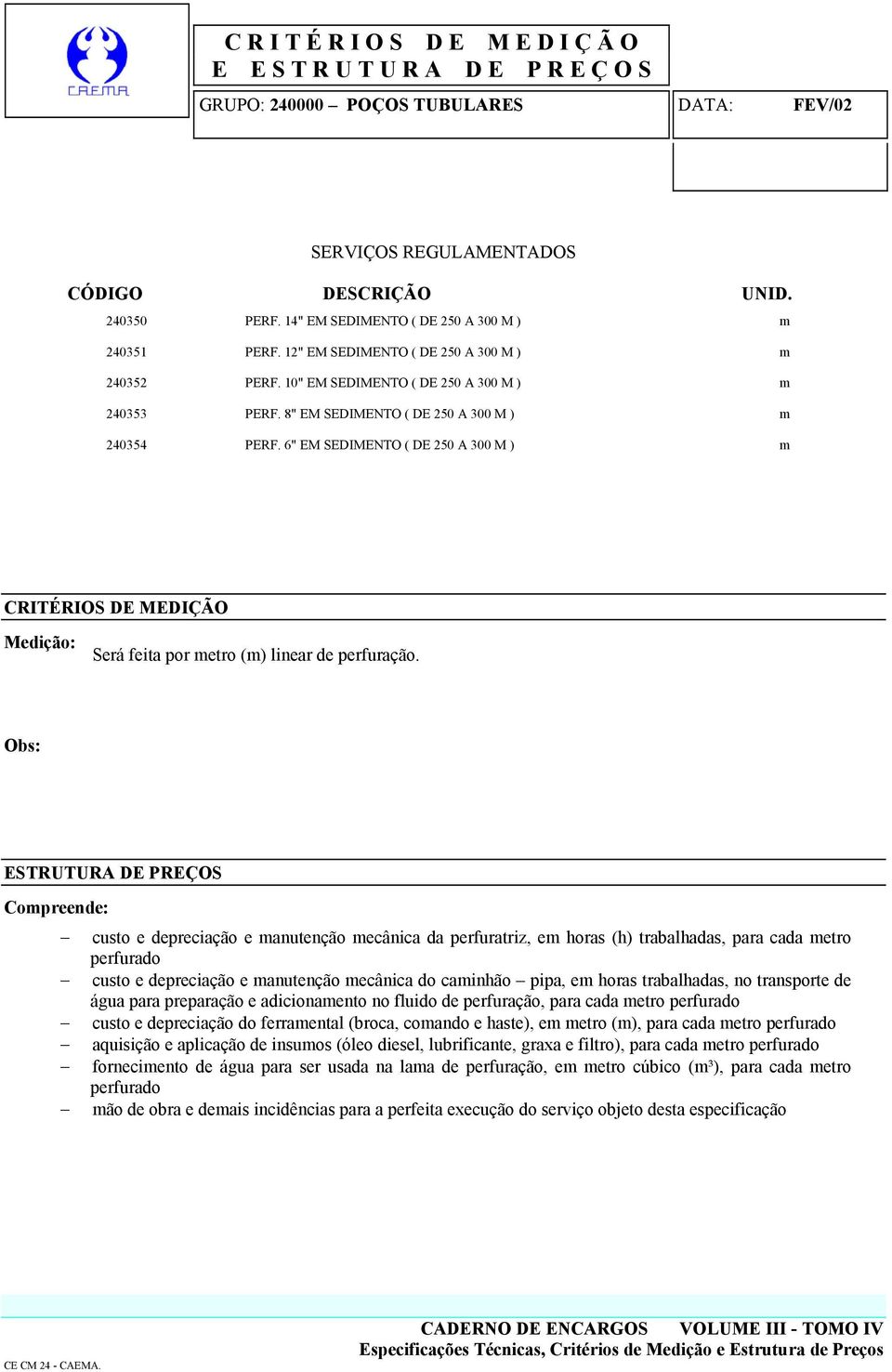 custo e depreciação e manutenção mecânica da perfuratriz, em horas (h) trabalhadas, para cada metro custo e depreciação e manutenção mecânica do caminhão pipa, em horas trabalhadas, no transporte de