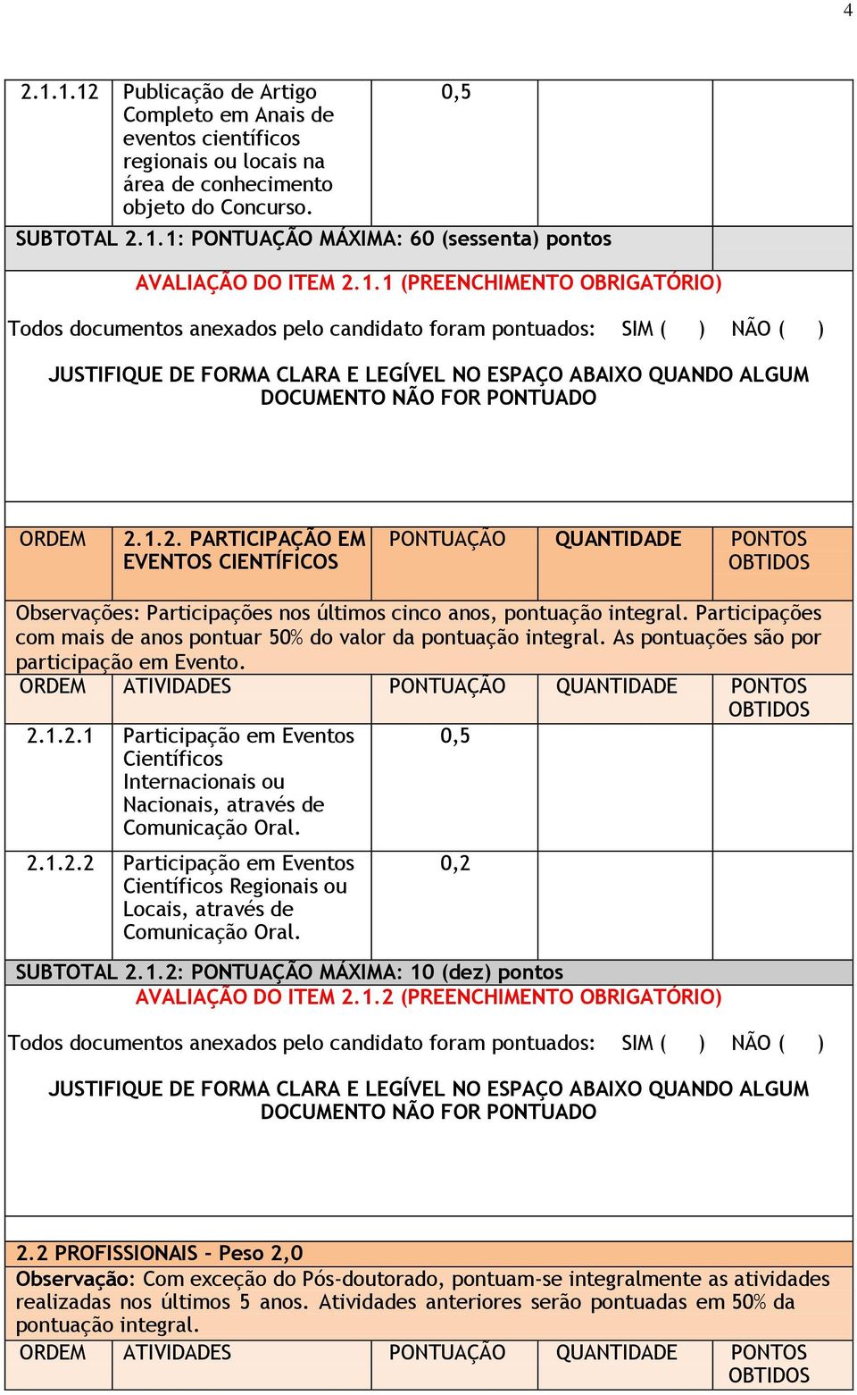 ORDEM 2.1.2. PARTICIPAÇÃO EM EVENTOS CIENTÍFICOS PONTUAÇÃO QUANTIDADE PONTOS OBTIDOS Observações: Participações nos últimos cinco anos, pontuação integral.