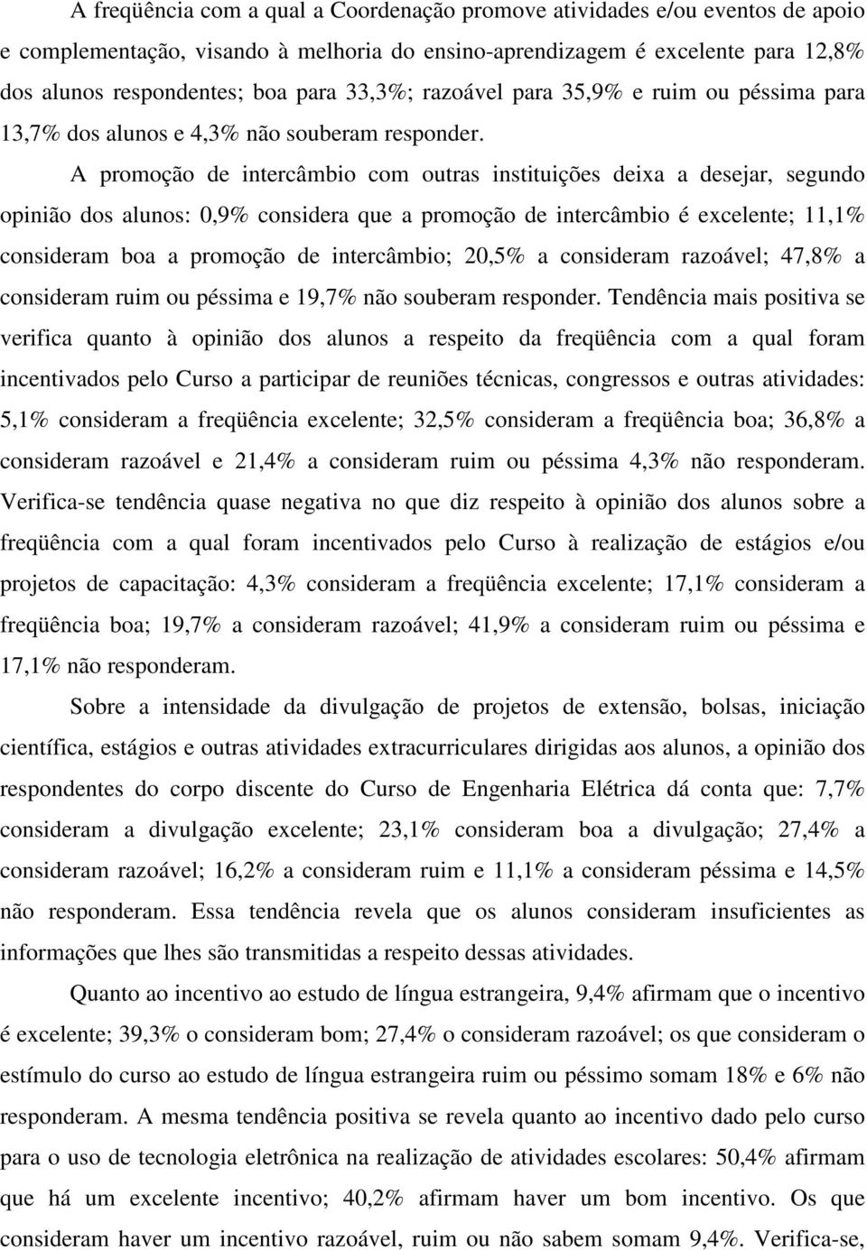 A promoção de intercâmbio com outras instituições deixa a desejar, segundo opinião dos alunos: 0,9% considera que a promoção de intercâmbio é excelente; 11,1% consideram boa a promoção de