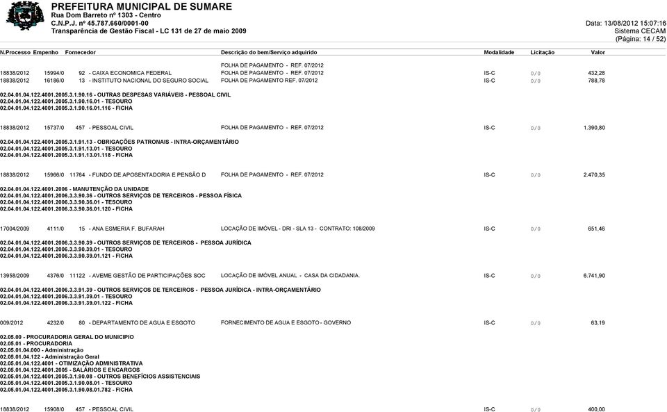 REF. 07/2012 IS-C 0/0 788,78 02.04.01.04.122.4001.2005.3.1.90.16 - OUTRAS DESPESAS VARIÁVEIS - PESSOAL CIVIL 02.04.01.04.122.4001.2005.3.1.90.16.01 - TESOURO 02.04.01.04.122.4001.2005.3.1.90.16.01.116 - FICHA 18838/2012 15737/0 457 - PESSOAL CIVIL IS-C 0/0 1.