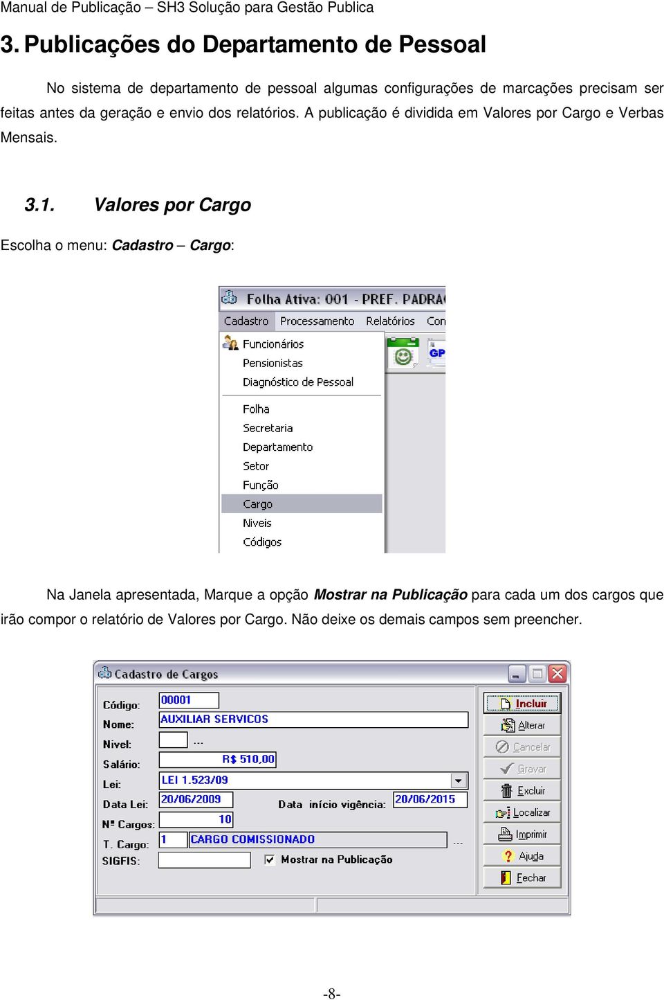 A publicação é dividida em Valores por Cargo e Verbas Mensais. 3.1.