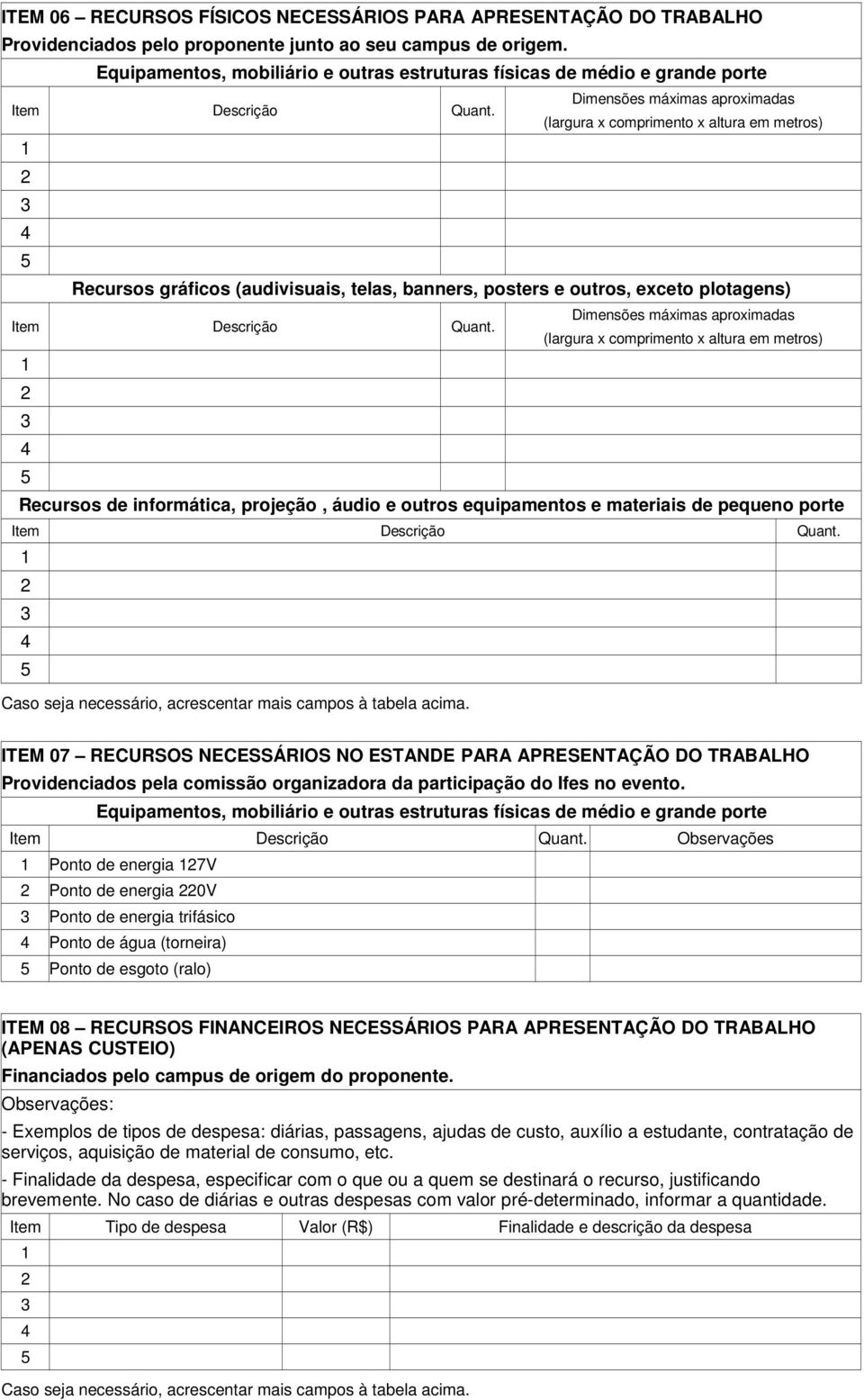 posters e outros, exceto plotagens) Dimensões máximas aproximadas (largura x comprimento x altura em metros) Recursos de informática, projeção, áudio e outros equipamentos e materiais de pequeno