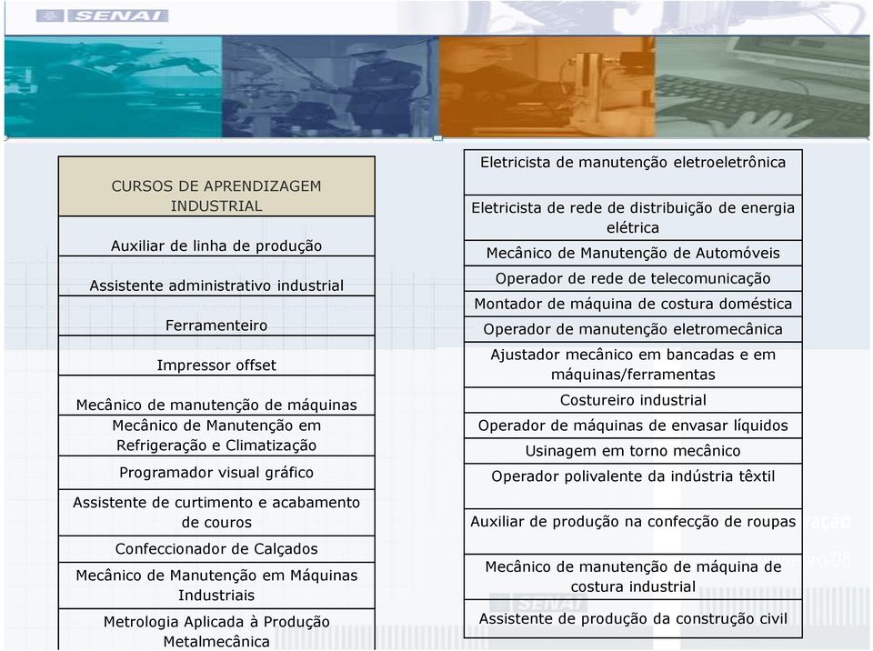 ltroltrônica Eltricista d rd d distribuiç d nrg létrica Mcânico d Manutnç d Automóvis Oprador d rd d tlcomunicaç Montador d máquina d costura doméstica Oprador d manutnç ltromcânica Ajustador mcânico