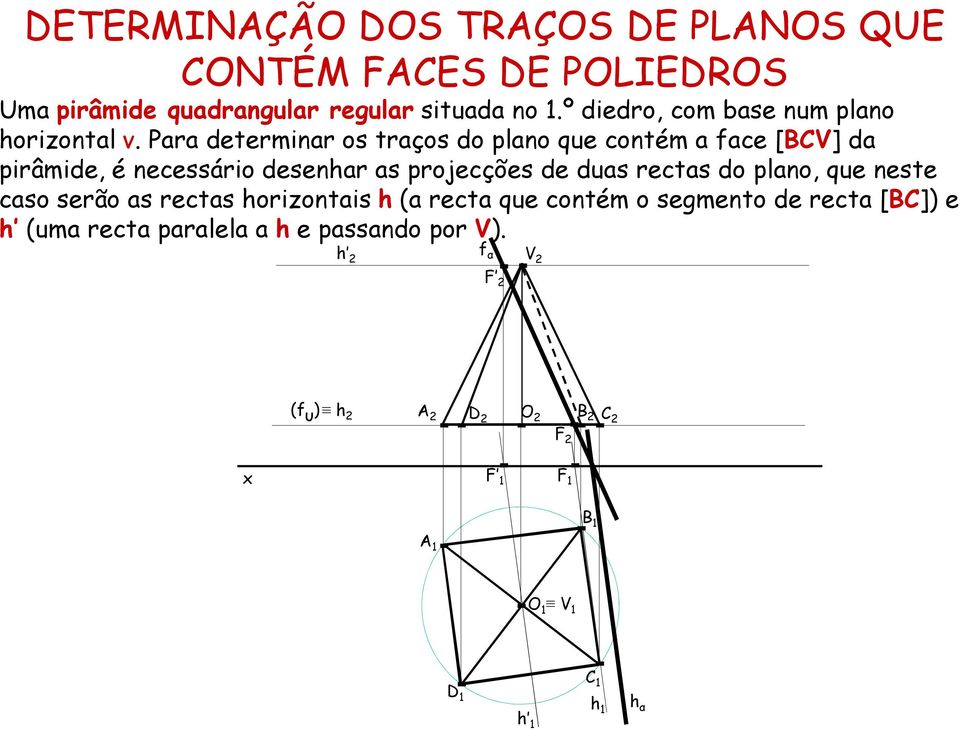 Para determinar os traços do plano que contém a face [BCV] da pirâmide, é necessário desenhar as projecções de duas rectas do