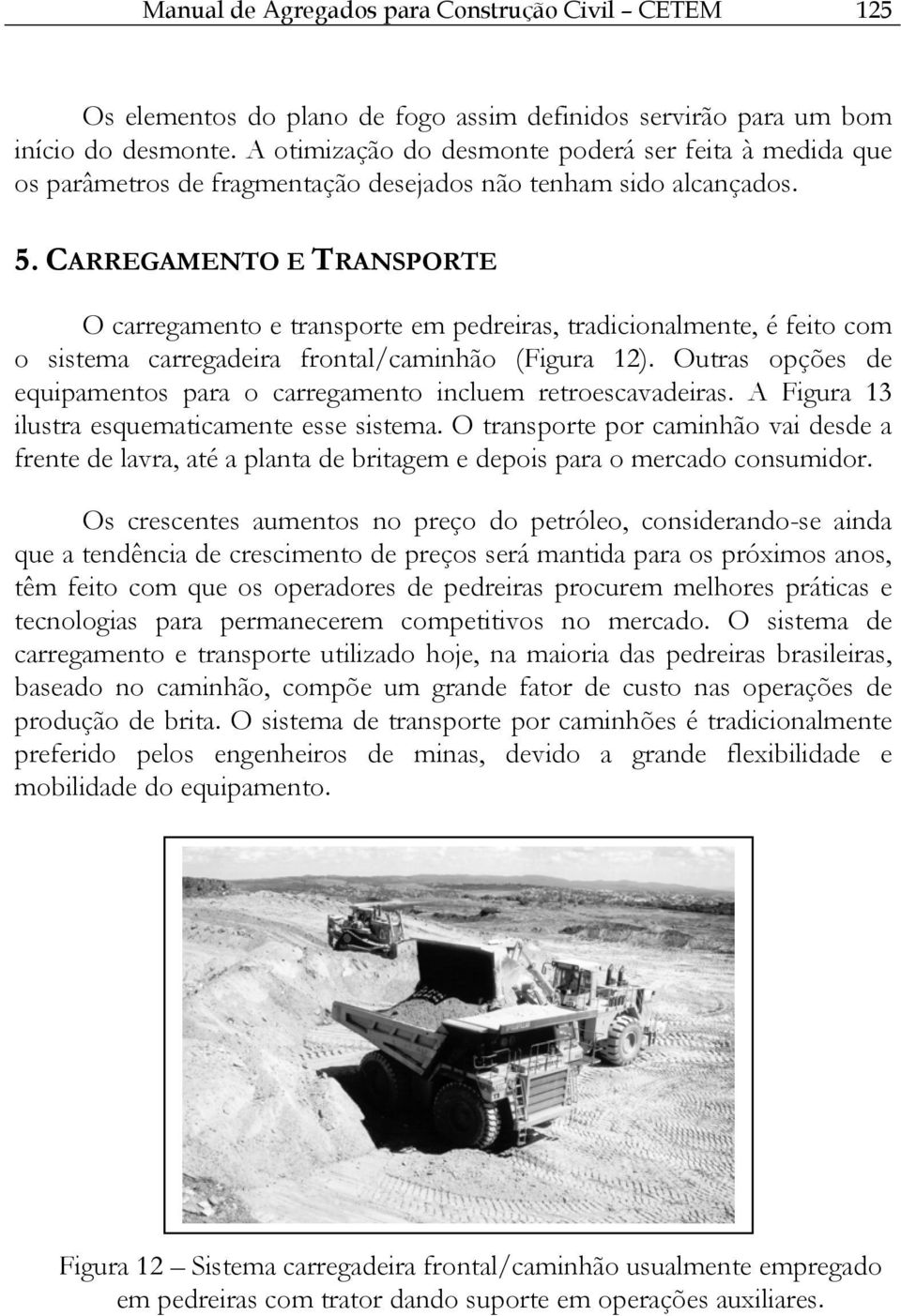 CARREGAMENTO E TRANSPORTE O carregamento e transporte em pedreiras, tradicionalmente, é feito com o sistema carregadeira frontal/caminhão (Figura 12).