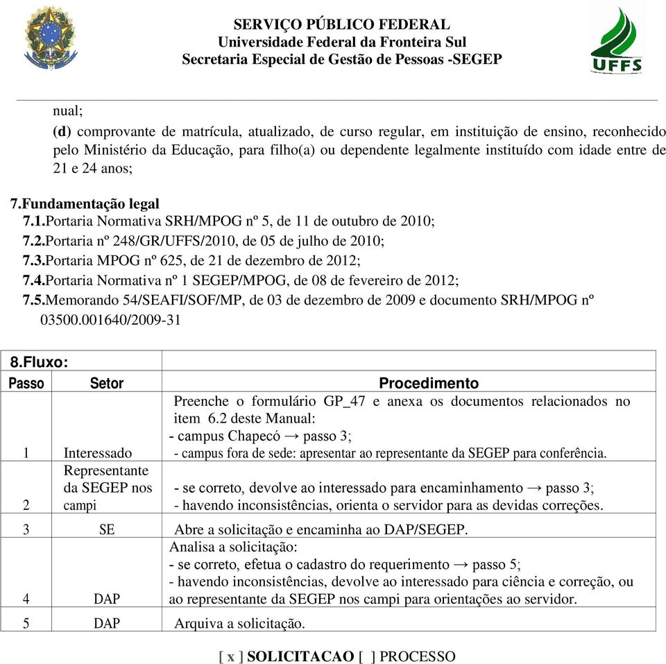 Portaria MPOG nº 625, de 21 de dezembro de 2012; 7.4.Portaria Normativa nº 1 SEGEP/MPOG, de 08 de fevereiro de 2012; 7.5.Memorando 54/SEAFI/SOF/MP, de 03 de dezembro de 2009 e documento SRH/MPOG nº 03500.