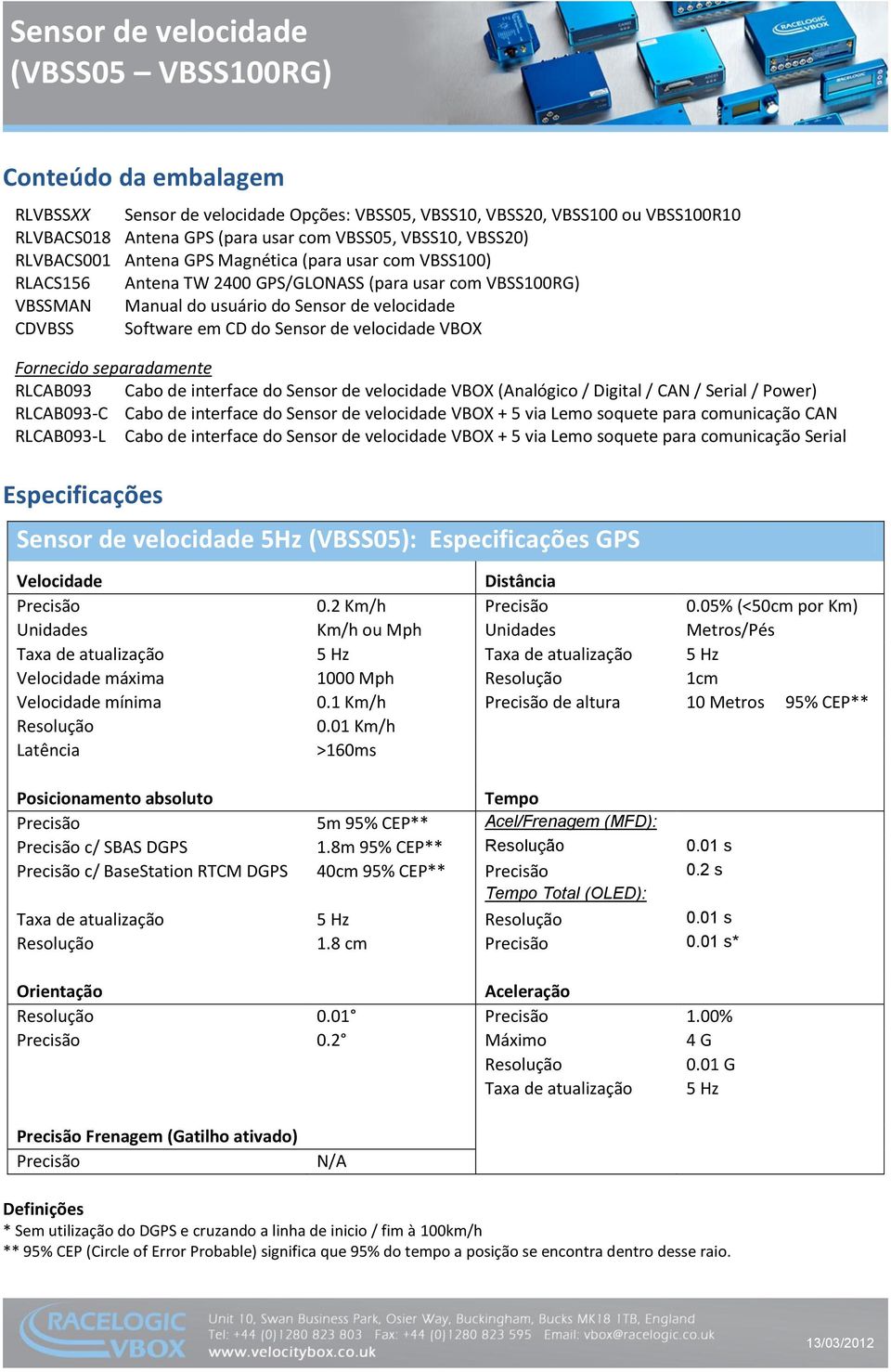 separadamente RLCAB093 Cabo de interface do Sensor de velocidade VBOX (Analógico / Digital / CAN / Serial / Power) RLCAB093-C Cabo de interface do Sensor de velocidade VBOX + 5 via Lemo soquete para