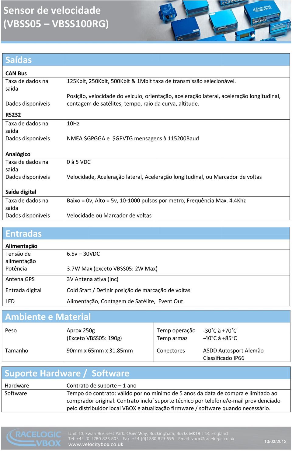 10Hz NMEA $GPGGA e $GPVTG mensagens à 115200Baud 0 à 5 VDC, lateral, longitudinal, ou Marcador de voltas Baixo = 0v, Alto = 5v, 10-1000 pulsos por metro, Frequência Max. 4.