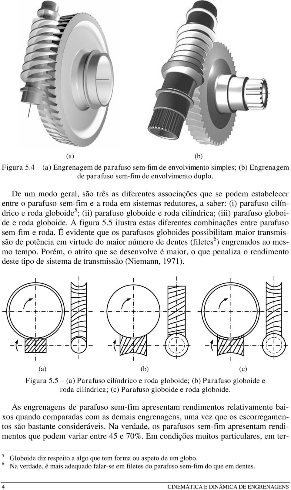 globoide e roda cilídrica; (iii) parafuso globoide e roda globoide. A figura 5.5 ilustra estas diferetes combiações etre parafuso sem-fim e roda.