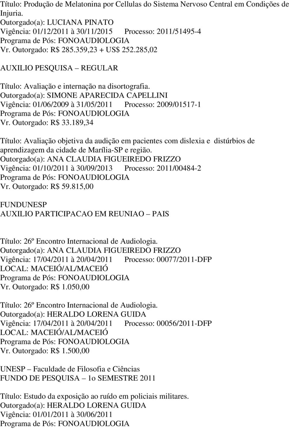 189,34 Título: Avaliação objetiva da audição em pacientes com dislexia e distúrbios de aprendizagem da cidade de Marília-SP e região. Vigência: 01/10/2011 à 30/09/2013 Processo: 2011/00484-2 Vr.