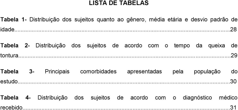 ..28 Tabela 2- Distribuição dos sujeitos de acordo com o tempo da queixa de tontura.