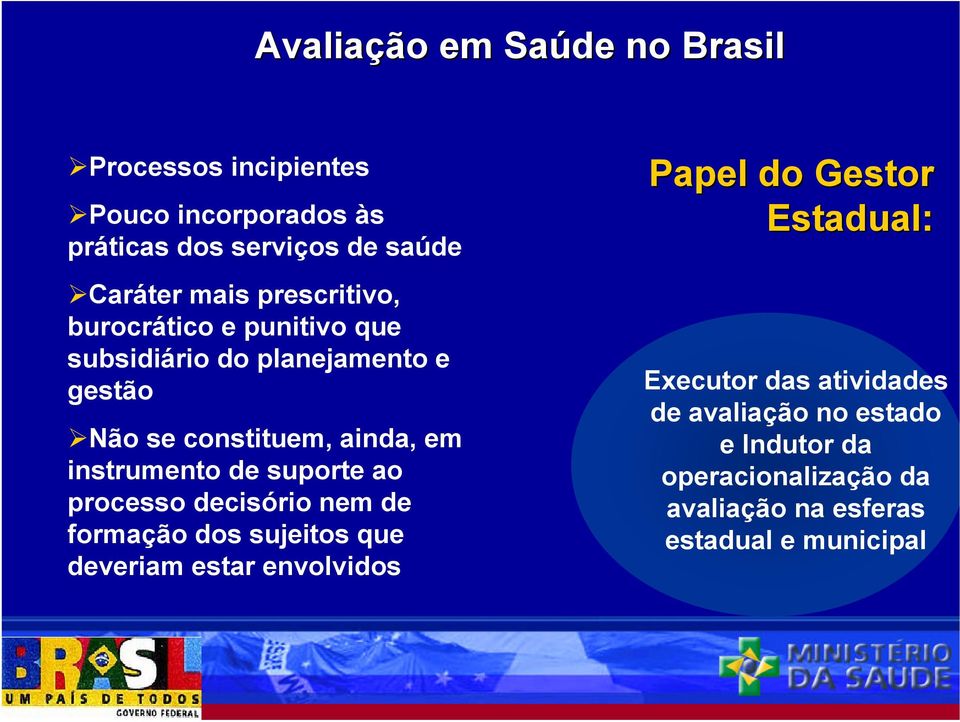 de suporte ao processo decisório nem de formação dos sujeitos que deveriam estar envolvidos Papel do Gestor Estadual: