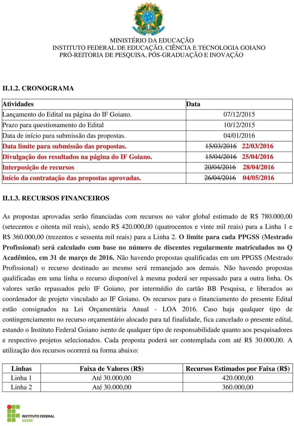 15/04/2016 25/04/2016 Interposição de recursos 20/04/2016 28/04/2016 Início da contratação das propostas aprovadas. 26/04/2016 04/05/2016 II.1.3.