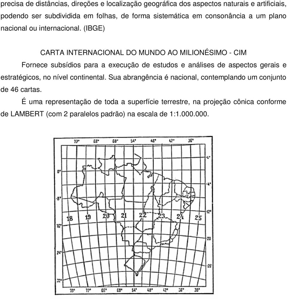 (IBGE) CARTA INTERNACIONAL DO MUNDO AO MILIONÉSIMO - CIM Fornece subsídios para a execução de estudos e análises de aspectos gerais e