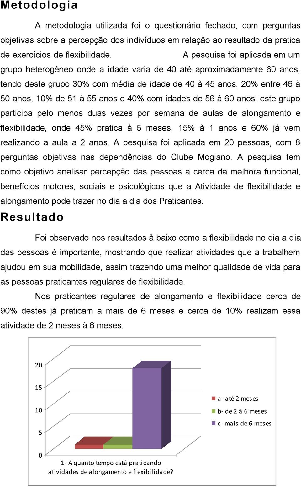 anos e 40% com idades de 56 à 60 anos, este grupo participa pelo menos duas vezes por semana de aulas de alongamento e flexibilidade, onde 45% pratica à 6 meses, 15% à 1 anos e 60% já vem realizando