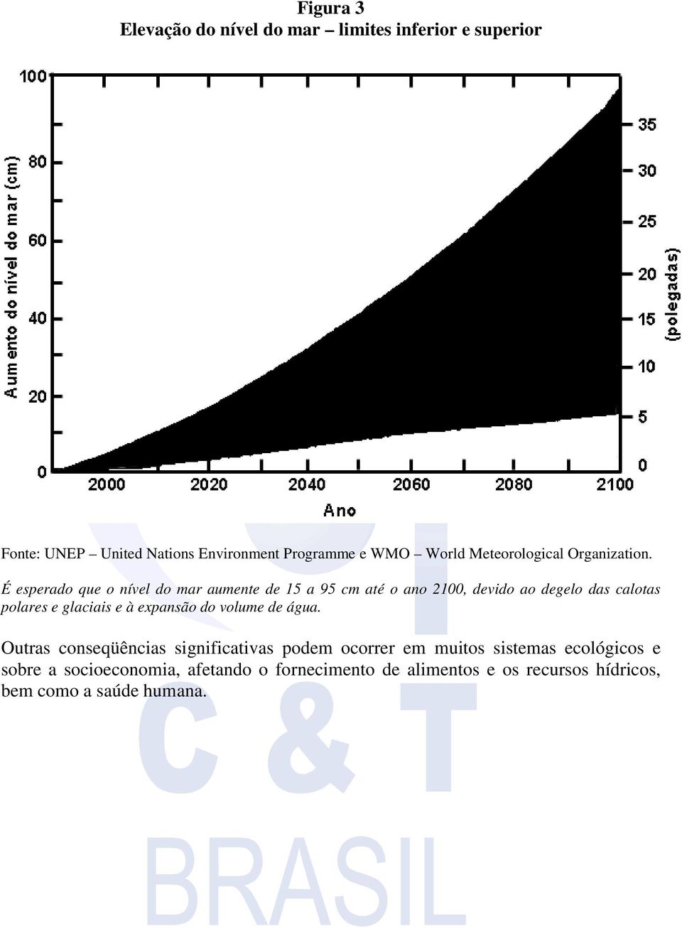 É esperado que o nível do mar aumente de 15 a 95 cm até o ano 2100, devido ao degelo das calotas polares e glaciais e à