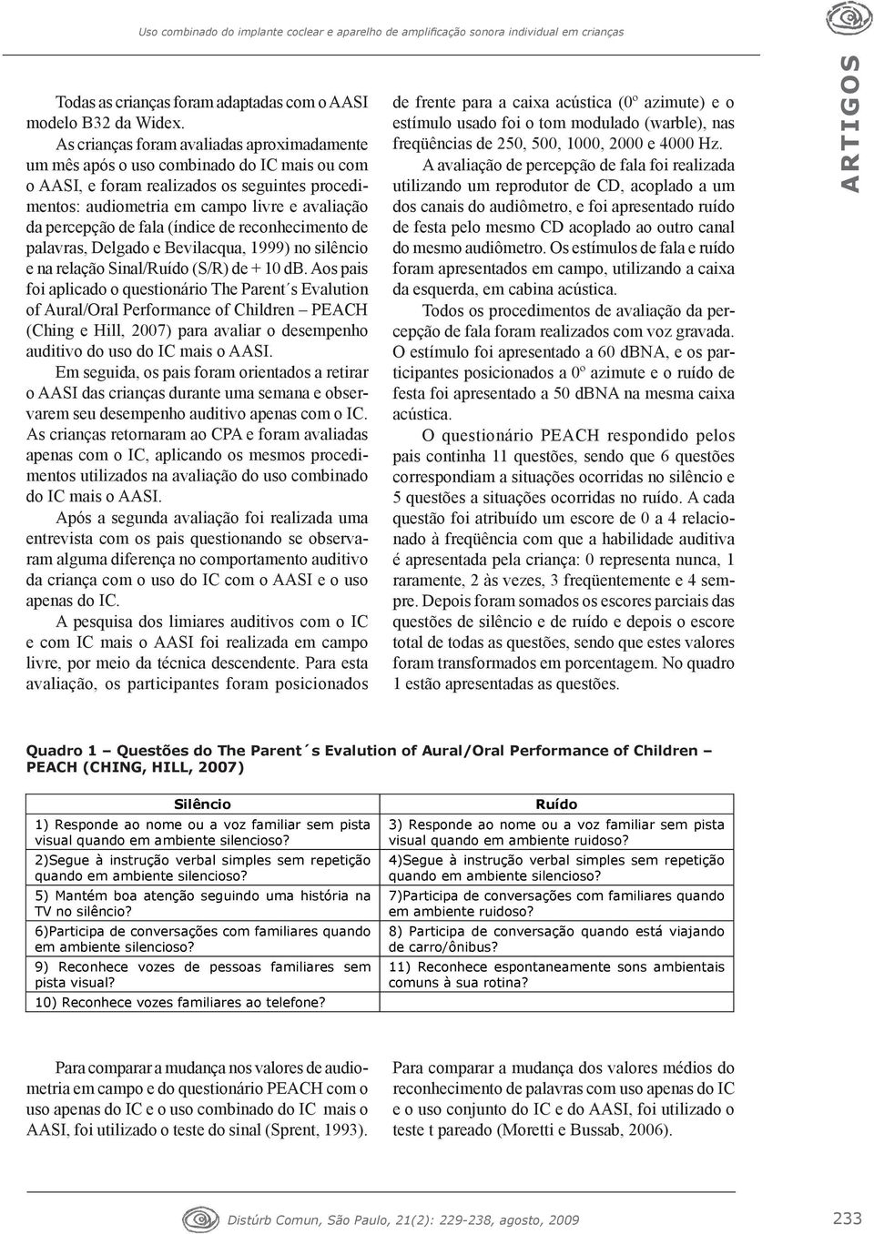 fala (índice de reconhecimento de palavras, Delgado e Bevilacqua, 1999) no silêncio e na relação Sinal/Ruído (S/R) de + 10 db.