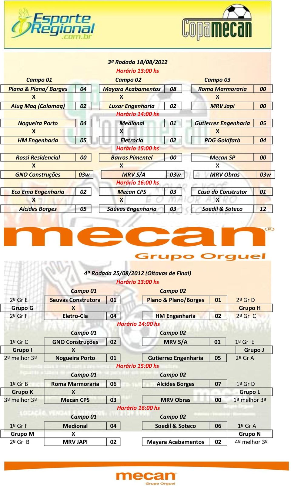Eco Ema Engenharia 02 Mecan CPS 03 Casa do Construtor 01 Alcides Borges 05 Saúvas Engenharia 03 Soedil & Soteco 12 4ª Rodada 25/08/2012 (Oitavas de Final) Horário 13:00 hs Campo 01 Campo 02 2º Gr E