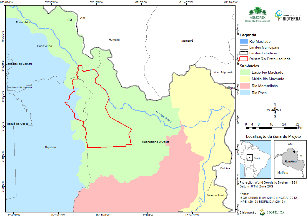 Na categoria de sub-bacia, a Resex está presente na área da sub-bacia do baixo rio Machado, com uma área de 5.495,3178 km 2 e em menor parte na sub-bacia do rio Preto com uma área de 11.