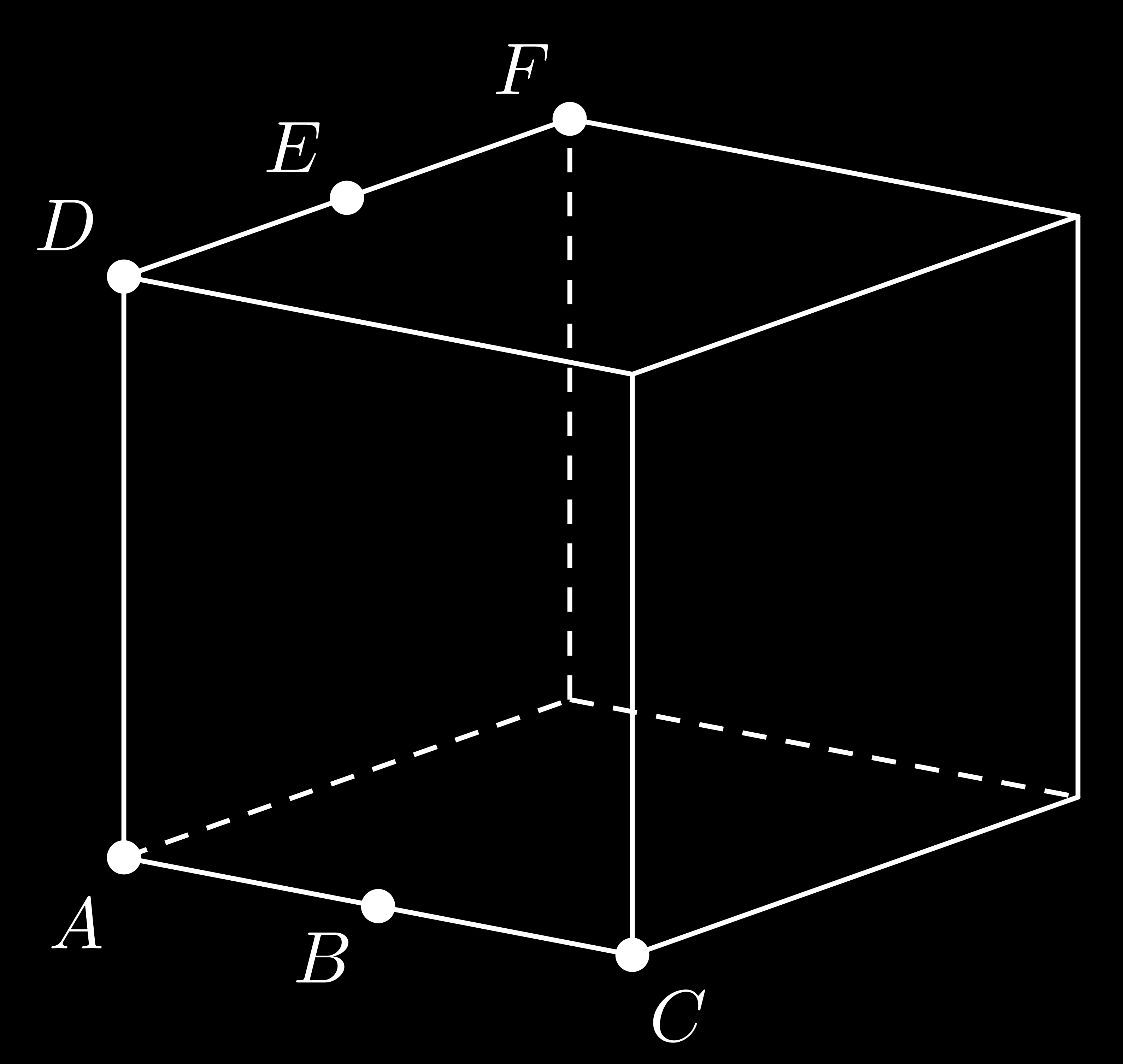 Questão 08 [ 1,00 ::: (a)=0,50; (b)=0,50 ] Considere os pontos A, B, C, D, E e F de um cubo distribuídos como na figura abaixo.