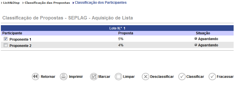 Passo 4: Marcar o checkbox referente ao item/lote desejado (disponibilizados após a abertura da sessão) e, em seguida, clicar no botão ANÁLISE DAS PROPOSTAS.